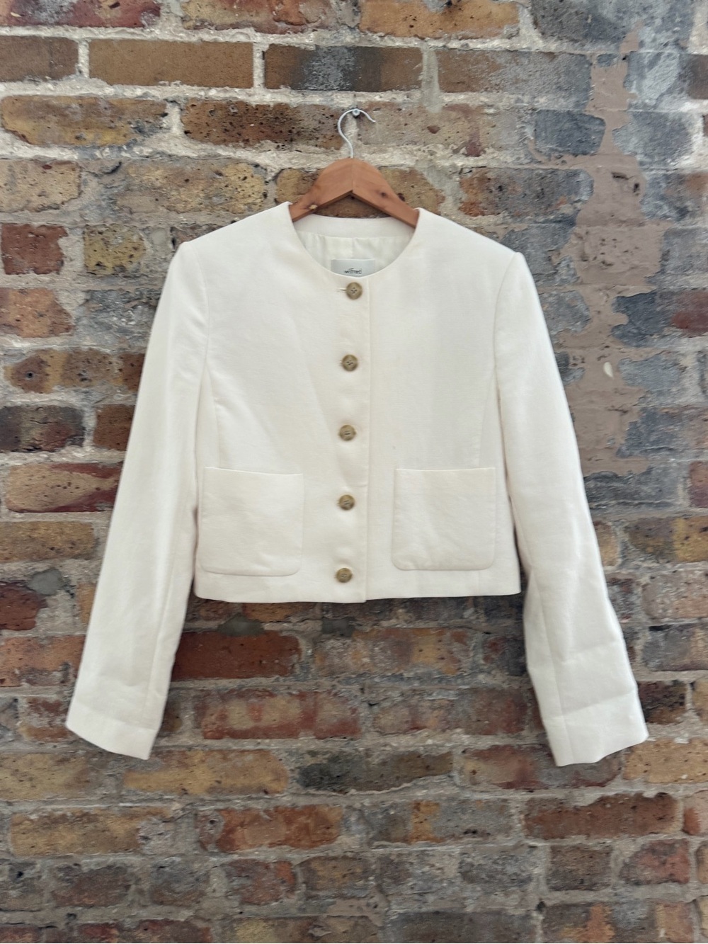 Aritzia Cream Collarless Button-Front Cropped Jacket
